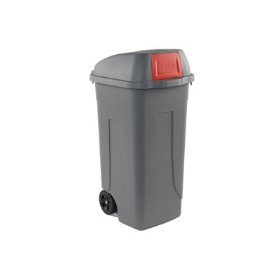 Bidone mobile 100Lt grigio c/coperchio Push rosso per raccolta differenziata