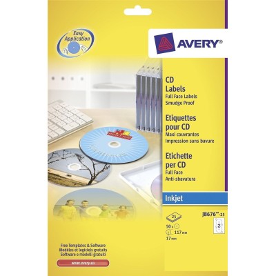 SCATOLA 25 ETICHETTE INKJET BIANCO OPACO PER CD E DVD AVERY