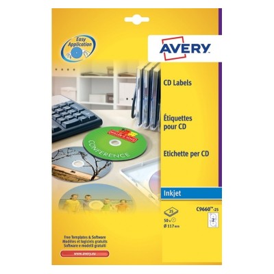 SCATOLA 25 ETICHETTE INKJET BIANCHE GLOSSY PER CD E DVD AVERY