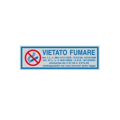 TARGHETTA ADESIVA 165x50mm VIETATO FUMARE con normativa - Conf da 10 pz.
