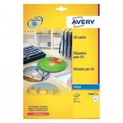 SCATOLA 25 ETICHETTE INKJET BIANCHE GLOSSY PER CD E DVD AVERY